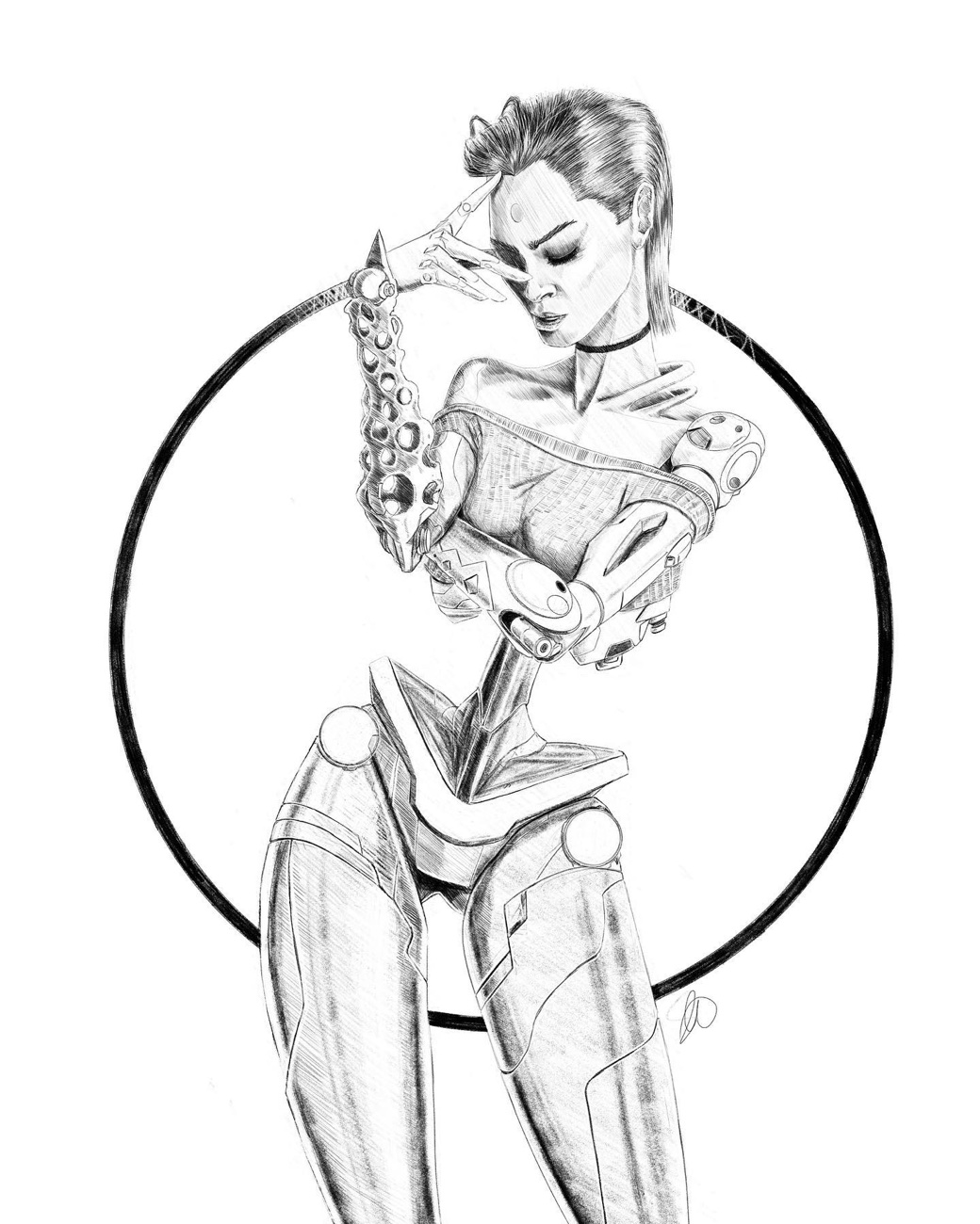 Digital pencil drawing of a woman with bionic arms and legs, eyes closed, fingertips to her forehead, framed by a black circle